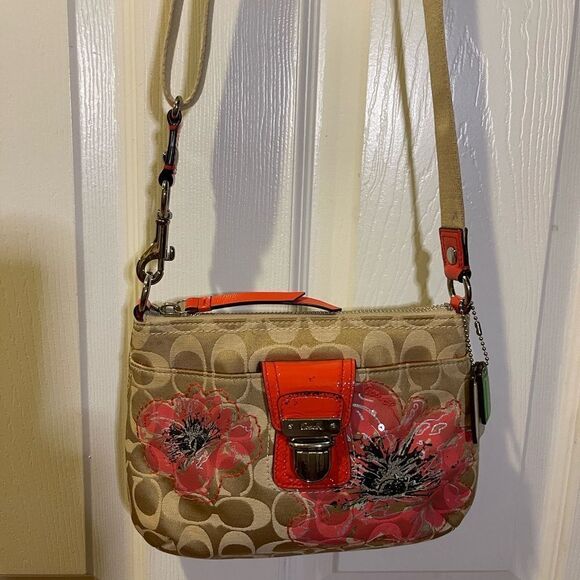 Coach poppy small canvas khaki logo crossbody bag sequins,black & Orange accents - Picture 1 of 15
